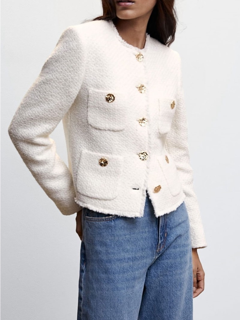 Mango White Textured Bouclé Jacket with Gold Buttons size M